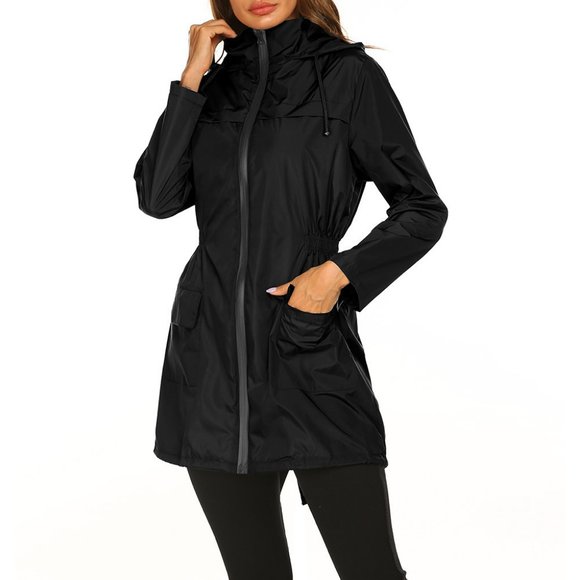 Jackets & Blazers - Women's Waterproof Jacket Ladies Hooded Outdoor Long Sleeve Raincoat Black S-XXL